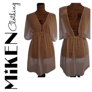 MIKEN Sheer White Plunging Neckline Swim Coverup size L
